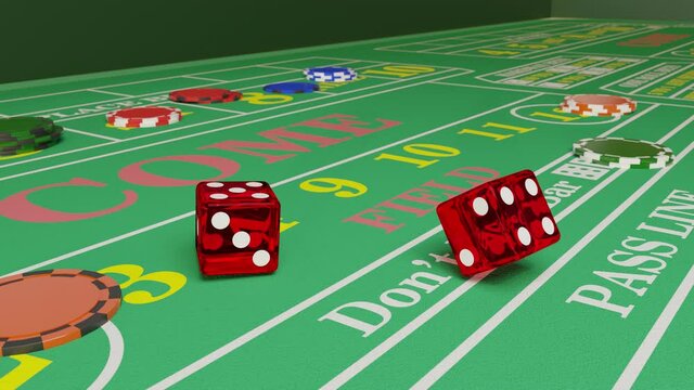 Dice Rolling In The Craps Game On A Table With Chips. 3d Animation.