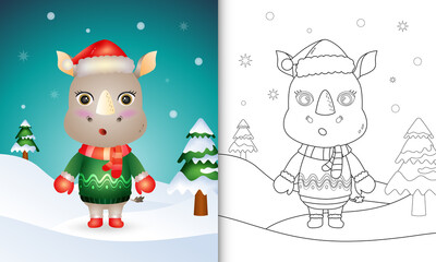 coloring book with a cute rhino christmas characters with a santa hat, jacket and scarf