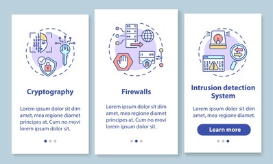 Network security onboarding mobile app page screen with concepts. Cryptography, firewall, intrusion detection walkthrough 3 steps graphic instructions. UI vector template with RGB color illustrations