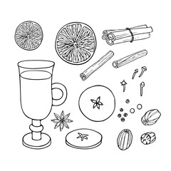 Christmas drinking. Mulled wine ingredients set. Fruit mulled wine recipe. Doodle Outline vector illustration. Hot winter drink recipe. Organic product sketch. Flavor cooking ingredient.