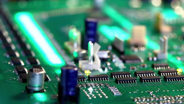 Switching relays and LEDs on the matching board. Closeup.