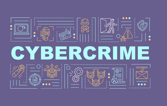 Cybercrime word concepts banner. Cyber attack. Sustem breaking. Infographics with linear icons on purple background. Isolated typography. Vector outline RGB color illustration
