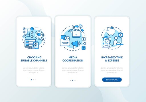 Marketing Channel Strategy Onboarding Mobile App Page Screen With Concepts. Social Network Coordination Walkthrough 3 Steps Graphic Instructions. UI Vector Template With RGB Color Illustrations