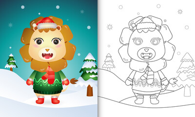 coloring book with a cute lion christmas characters with a santa hat, jacket and scarf