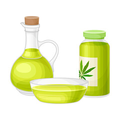 Glass Jar and Bowl with Hemp Oil as Organic Cosmetic Product Vector Illustration