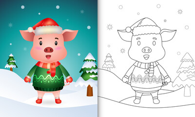 coloring book with a cute pig christmas characters with a santa hat, jacket and scarf