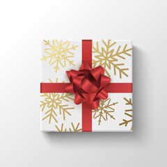 Gift box top view. Wrapped realistic present box with red ribbon. Holiday or sale christmas concept.