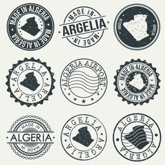 Algeria Set of Stamps. Travel Passport Stamps. Made In Product Design Seals in Old Style Insignia. Icon Clip Art Vector Collection.