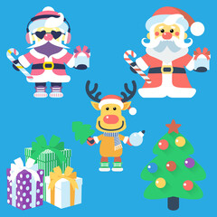 Obraz na płótnie Canvas Vector icon flat design with Santa Claus and Santa's reindeer, Christmas tree and gifts