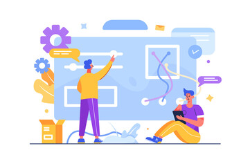 Specialists customize and optimize websites and search engines, programmers, web, isolated on white background, flat vector illustration.