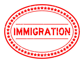 Grunge red immigration word oval rubber seal stamp on white background