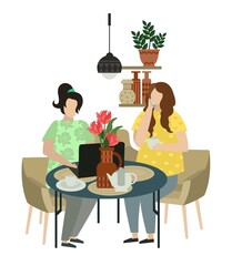 Vector illustration. Two girls chatting in a cafe. Stylish modern interior. We work remotely, freelancer. Lunch break. Template for a greeting card or banner.