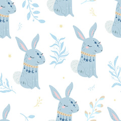 Seammless pattern. Rabbit vector illustration for kids. Bohemian illustrations with animals, stars, magic and runes. Cute animal in the Scandinavian style.