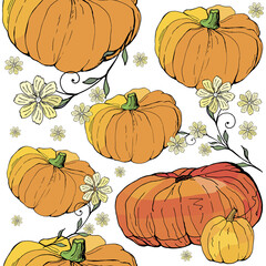  seamless background with bright holiday pumpkins for design. doodles