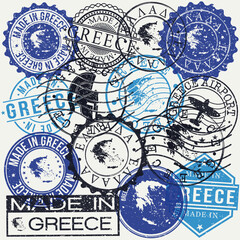Greece Set of Stamps. Travel Passport Stamp. Made In Product. Design Seals Old Style Insignia. Icon Clip Art Vector.