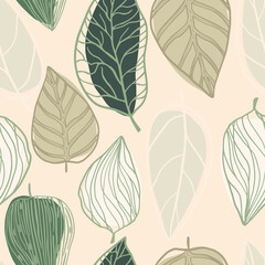 Random spring seamless pattern with doodle leaves elements. Pastel palette foliage artwork. Light pink background.