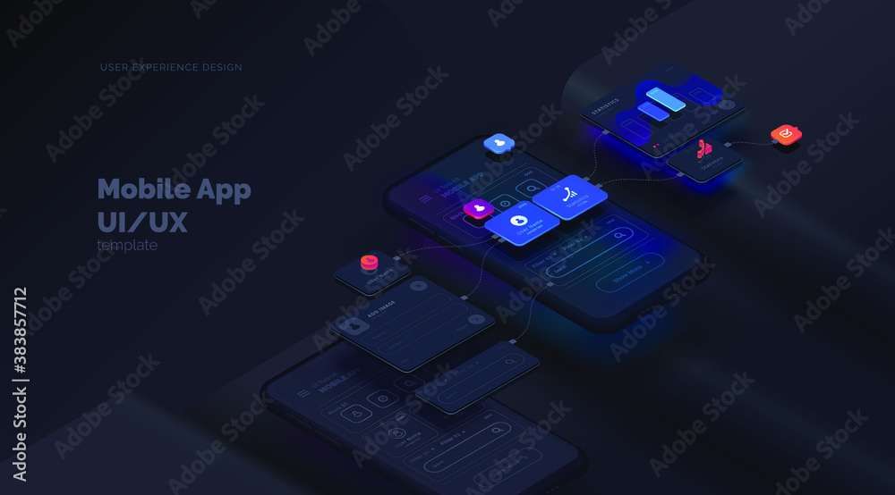 Fototapete User experience. Smartphone mockup on black background with interactive user interface. The process of creating a mobile application. Website wireframe for mobile apps with active layers and links