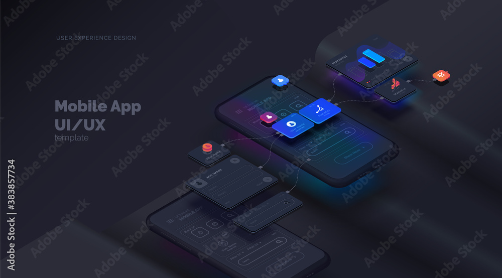 Fototapete User experience. Smartphone mockup on black background with interactive user interface. The process of creating a mobile application. Website wireframe for mobile apps with active layers and links
