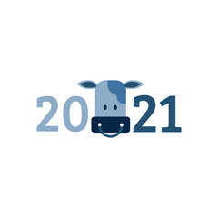 Happy new year 2021 concept. Spotted ox with a ring in the nose. Vector flat illustration bull symbol, cow. 