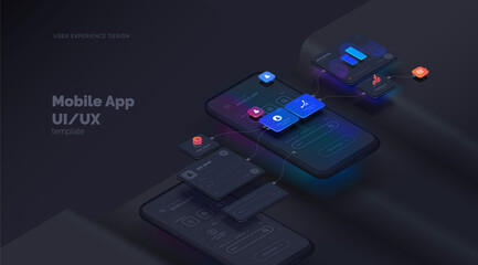 User experience. Smartphone mockup on black background with interactive user interface. The process of creating a mobile application. Website wireframe for mobile apps with active layers and links