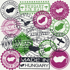 Hungary Set of Stamps. Travel Passport Stamp. Made In Product. Design Seals Old Style Insignia. Icon Clip Art Vector.
