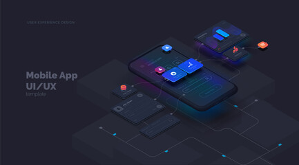 User experience. Smartphone mockup on black background with interactive user interface. The process of creating a mobile application. Website wireframe for mobile apps with active layers and links