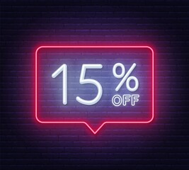 15 percent off neon sign on brick wall background. Vector illustration.