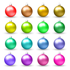 Set of Christmas glossy colorful balls. Xmas glass ball. Decoration for Christmas tree. Isolated on white background. Vector illustration.
