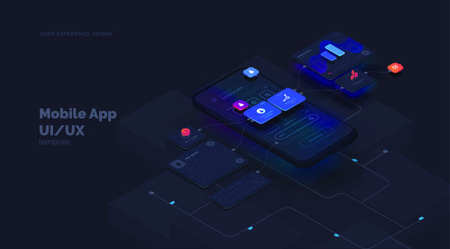 User experience. Smartphone mockup on black background with interactive user interface. The process of creating a mobile application. Website wireframe for mobile apps with active layers and links