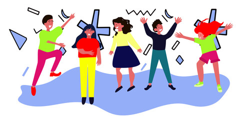 Friends have fun together. Dancing friends, Funny dancing jumping characters. Vector abstract illustration