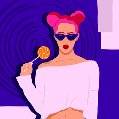 Vector illustration of a girl in glasses with bright candy