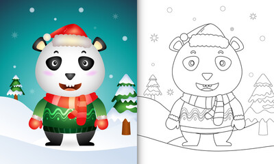 coloring book with a cute panda christmas characters with a santa hat, jacket and scarf
