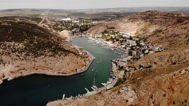 Aerial view of the yacht marina in Balaklava. Republic of Crimea.