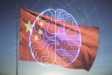 Double exposure of creative artificial Intelligence interface on Chinese flag and blue sky background. Neural networks and machine learning concept