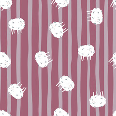 Random white sheep silhouettes seamless pattern. Cartoon fluffy animal print on lilac striped background.