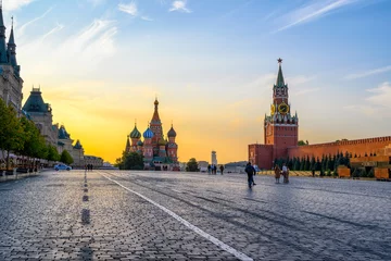 Afwasbaar Fotobehang Moskou Saint Basil's Cathedral, Spasskaya Tower and Red Square in Moscow, Russia. Architecture and landmarks of Moscow.