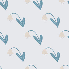 Minimalistic seamless pattern with campanula flower silhouettes. Floral simple elements in blue tones on light background.
