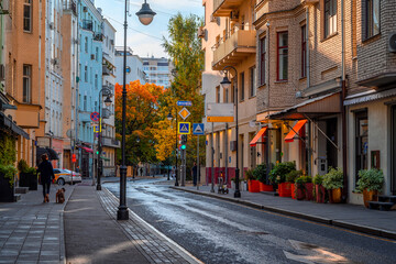 Street in center of Moscow in Russia. Cozy cityscape in Moscow. Architecture and landmarks of...