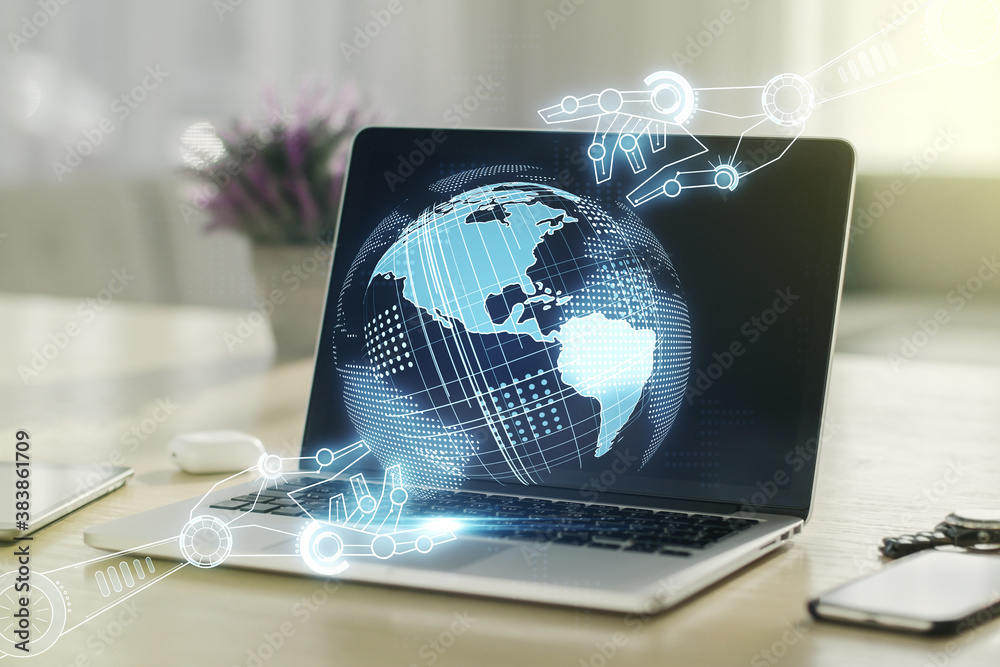 Aufkleber Creative abstract robotics technology sketch with globe on modern laptop background, future technology and AI concept. Double exposure