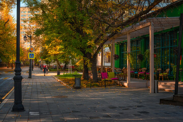 Street in center of Moscow in Russia. Cozy cityscape in Moscow. Architecture and landmarks of Moscow.