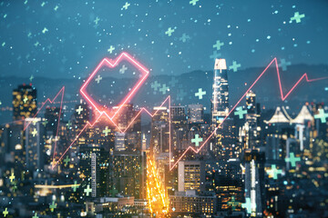 Abstract virtual concept of heart pulse illustration on San Francisco skyline background. Medicine and healthcare concept. Multiexposure