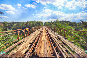 PILCHOWICE, POLAND - AUGUST 12, 2020: Railway bridge over Pilchowice Lake, which was supposed to be...