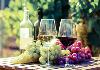 still life with glasses of red and white wine and grapes in field of vineyard