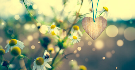 Wooden of a heart on a floral background