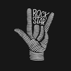 Rock star quote with hand gesture hand drawn t-shirt design. Vector vintage illustration.