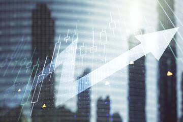 Abstract creative financial diagram and upward arrow hologram on blurry cityscape background,...
