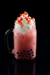 strawberry milk bubble tea with tapioca pearls