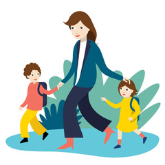 Mother with two children going to school, nursery. Back to school time. Vector Illustration.