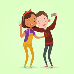 Cute vector illustration for children. Cartoon style. Isolated character. Modern technologies for kids. Boy and girl friends making photo.