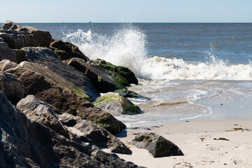 Shore of Long Beach New York along the Atlantic Ocean with Rocks and Waves